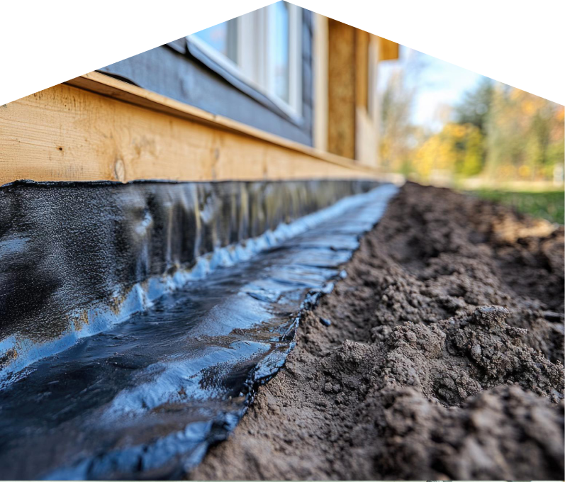 Exterior waterproofing completed by Furnace Guys, with a membrane sealing the lower foundation wall and a trench prepared for drainage installation. Exterior waterproofing completed by Furnace Guys, with a membrane sealing the lower foundation wall and a trench prepared for drainage installation.